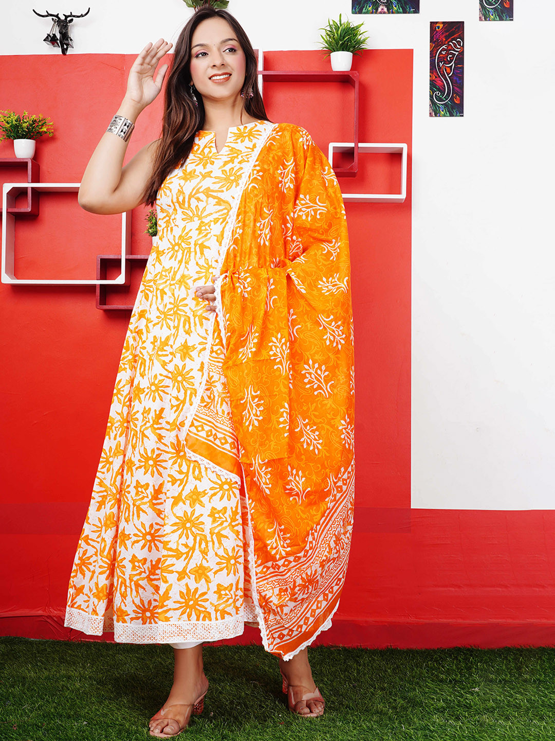 Shivaradhya Designers Floral Printed Pure Cotton Anarkali Kurta with Trousers & Dupatta