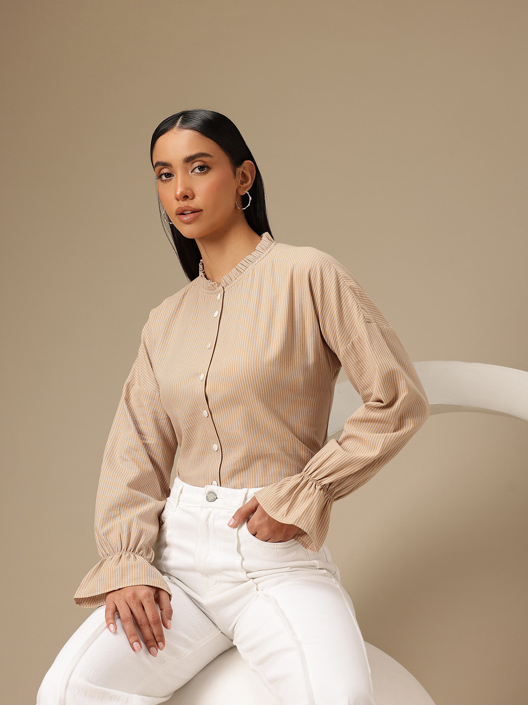 Chemistry Striped Ruffle Neck Drop Shoulder Puff Sleeve Pure Cotton Shirt