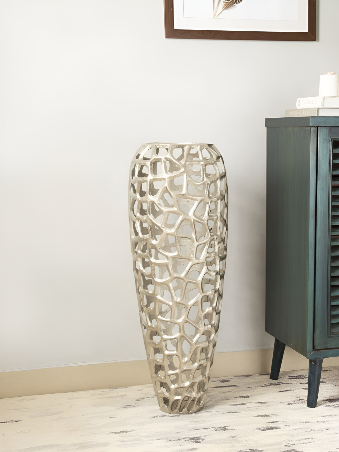 NILAAY Nickle Plated Silver Toned Textured Aluminium Porus Floor Vase