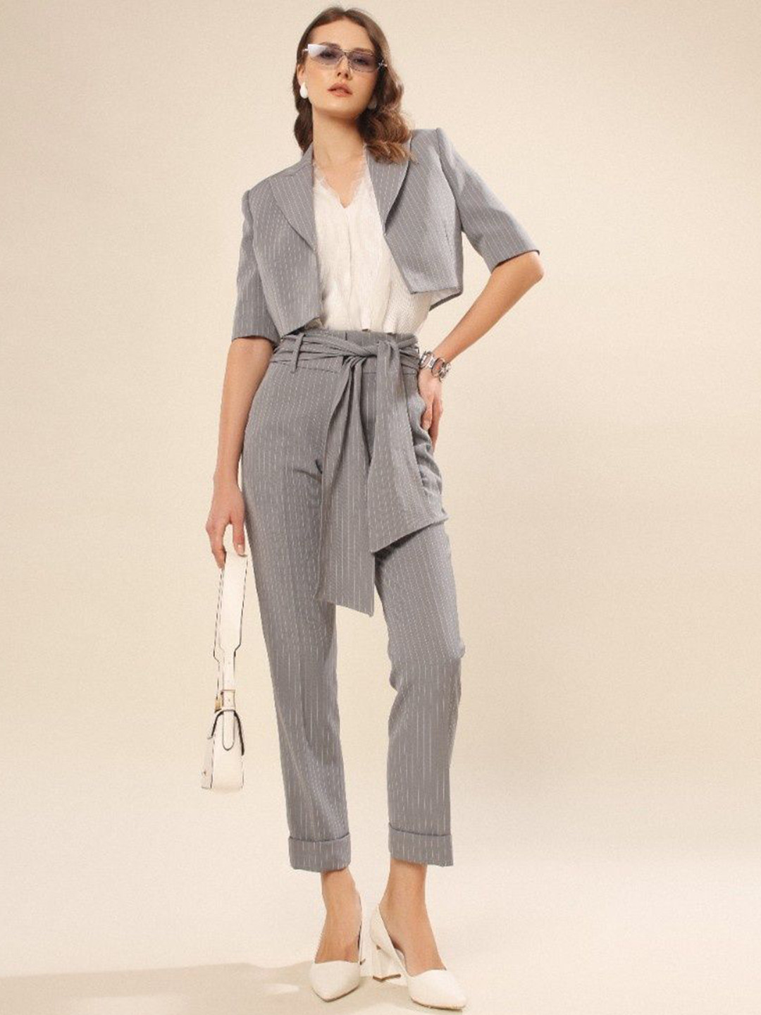 VOLCAPE RENEE Peaked Lapel Collar Single-Breasted Slim Fit Cropped Blazer With Trousers