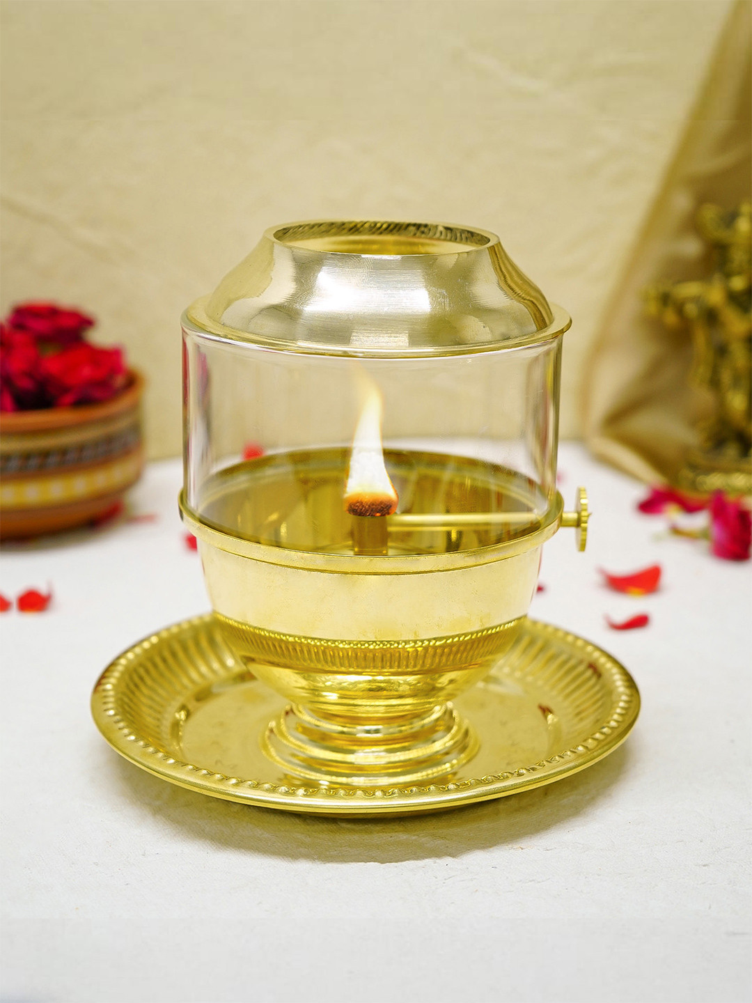 Ekhasa Gold Toned Pure Brass Akhand Jyot Diya With Adjastable Screw 250 ml Oil Capacity