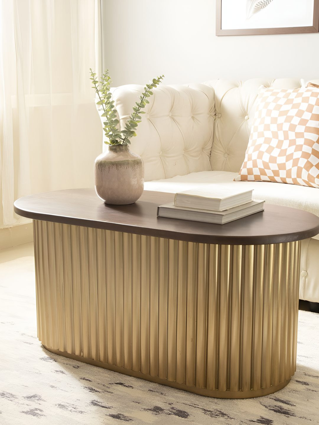 NILAAY Gold-Toned & Brown Textured Oval Shaped Pier Coffee Table
