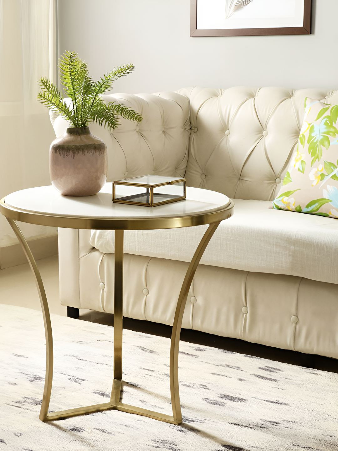 NILAAY Gold-Toned & White Glossy Marble Round Luna Coffee Table