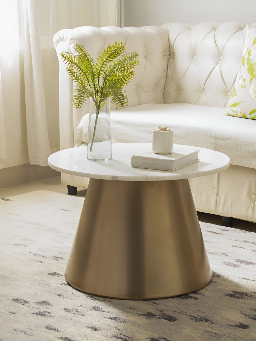 NILAAY Gold-Toned & White Glossy Marble Round Bulan Coffee Table