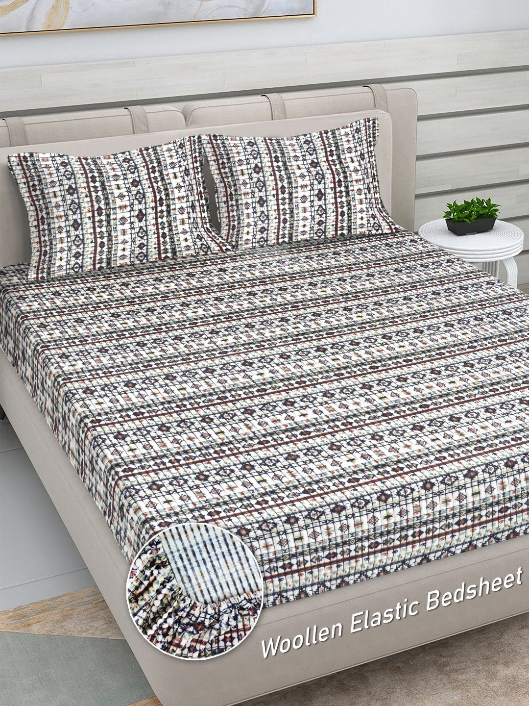FABINALIV White & Black Printed Woollen 300 TC King Bedsheet Set 2.25 m x 2.5 m