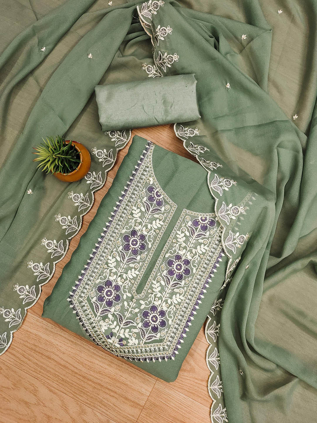 HERE&NOW Floral Embroidered Sequinned Unstitched Dress Material