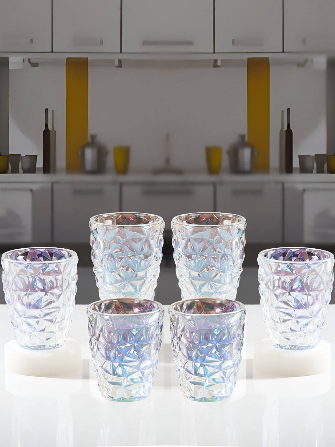 Kookee Transparent & Blue 6 Pieces Textured Crystal Drinking Glasses - 250 ml