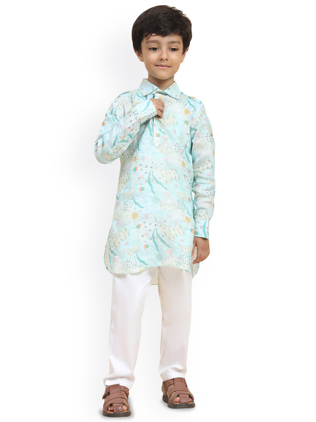 Funny Bones Clothings Boys Abstract Printed Shirt Collar Kurta With Pyjamas