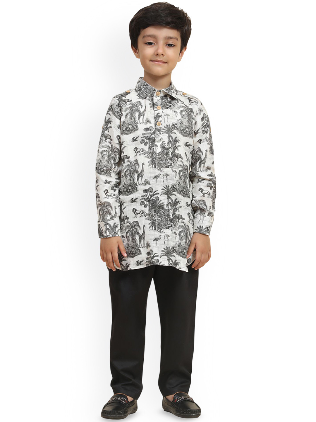 Funny Bones Clothings Boys Animal Printed Shirt Collar Kurta With Pyjamas