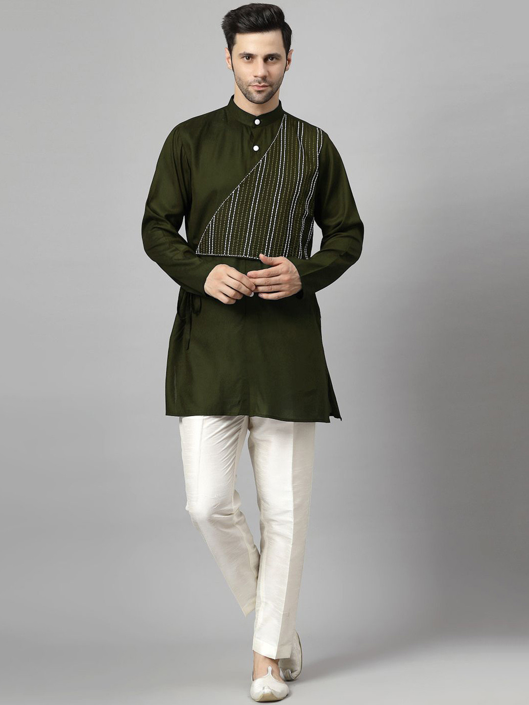 Utsav Fashion Striped Embroidered Band Collar Straight Short Kurta with Trousers