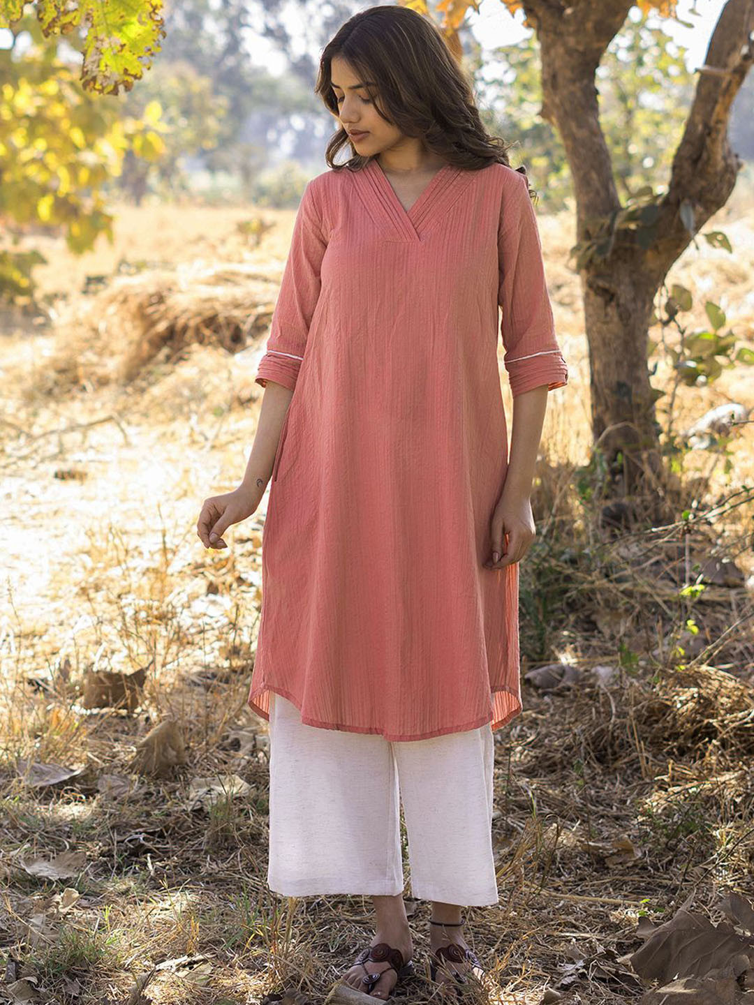 JITI Women Striped Self Design V Neck Pure Cotton Kurta With Palazzos