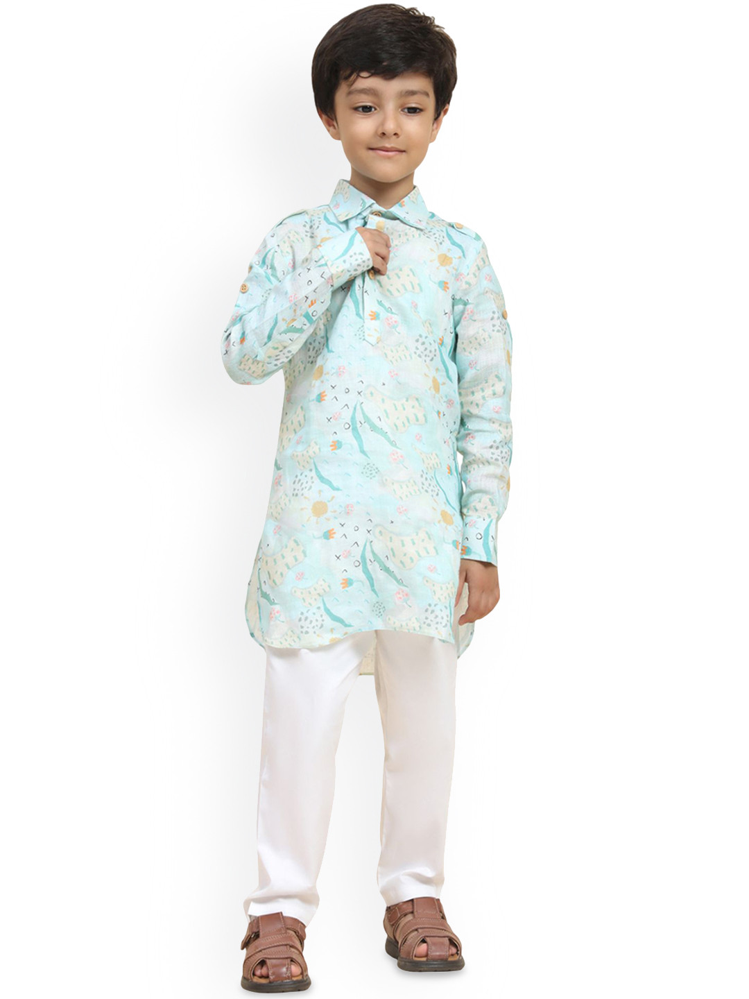 Funny Bones Clothings Boys Animal Printed Shirt Collar Kurta With Pyjamas
