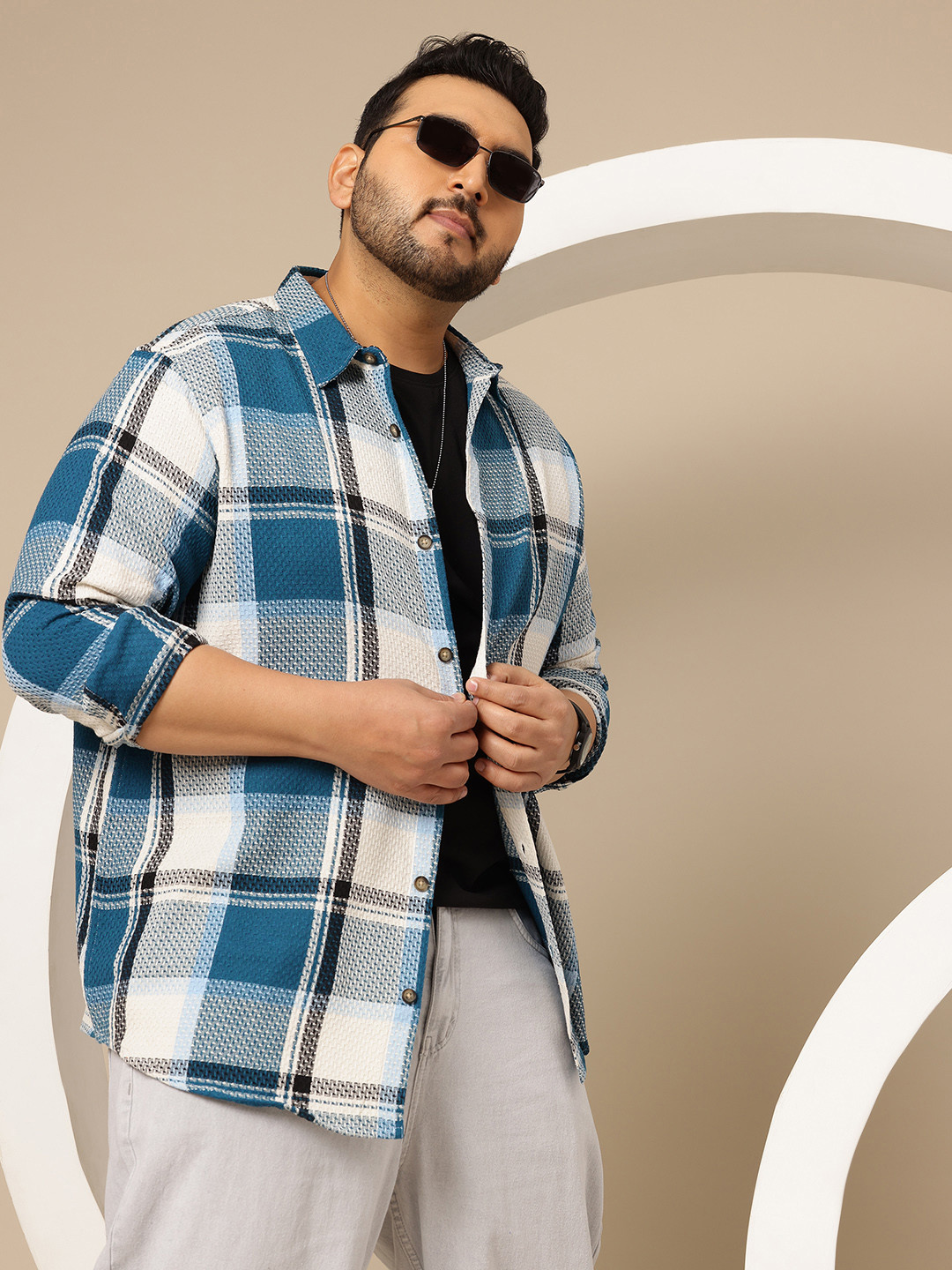 Sztori Plus Size Premium Checked Pure Cotton Casual Shacket