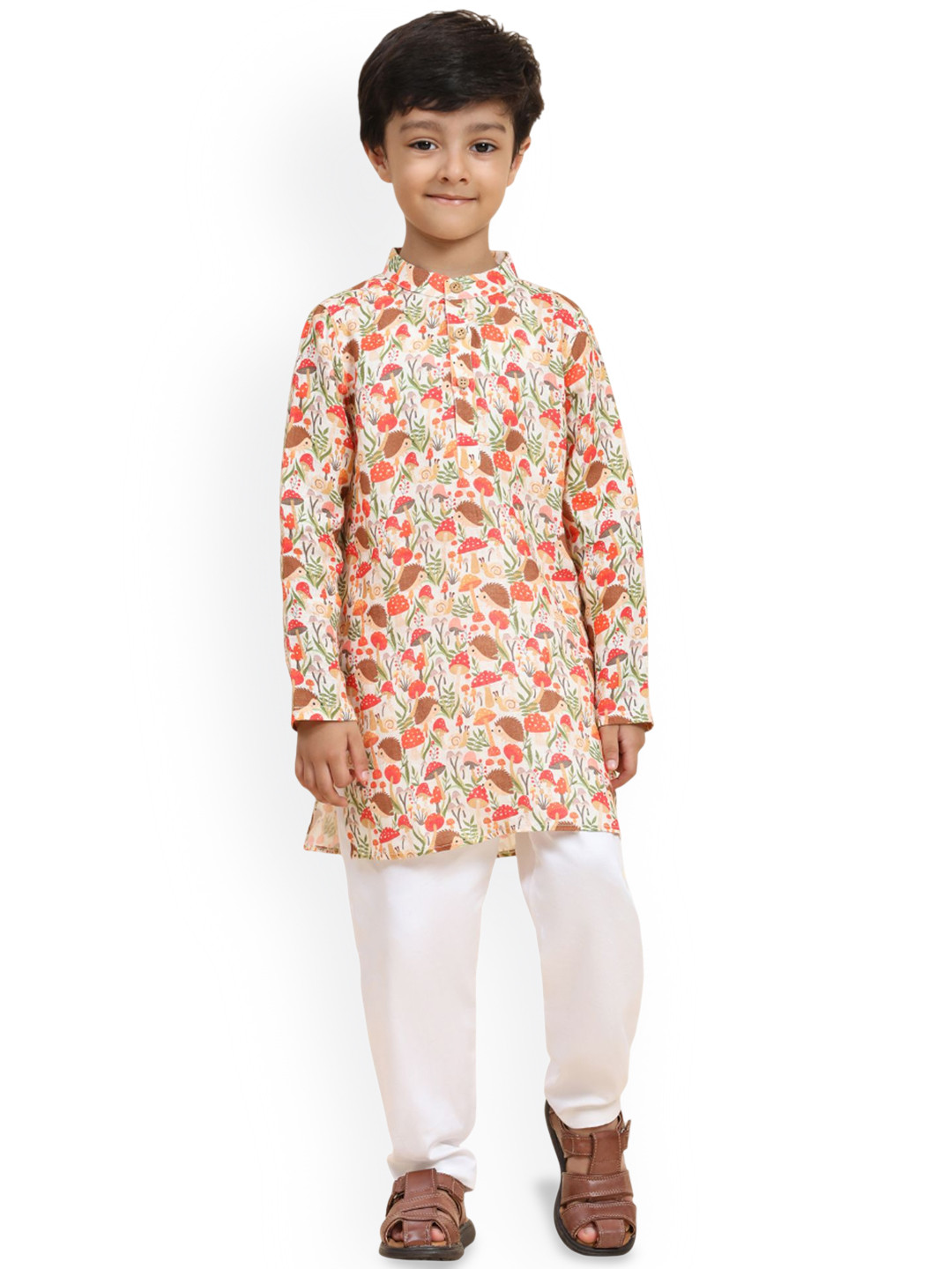 Funny Bones Clothings Boys Animals Printed Band Collar Kurta With Pyjamas