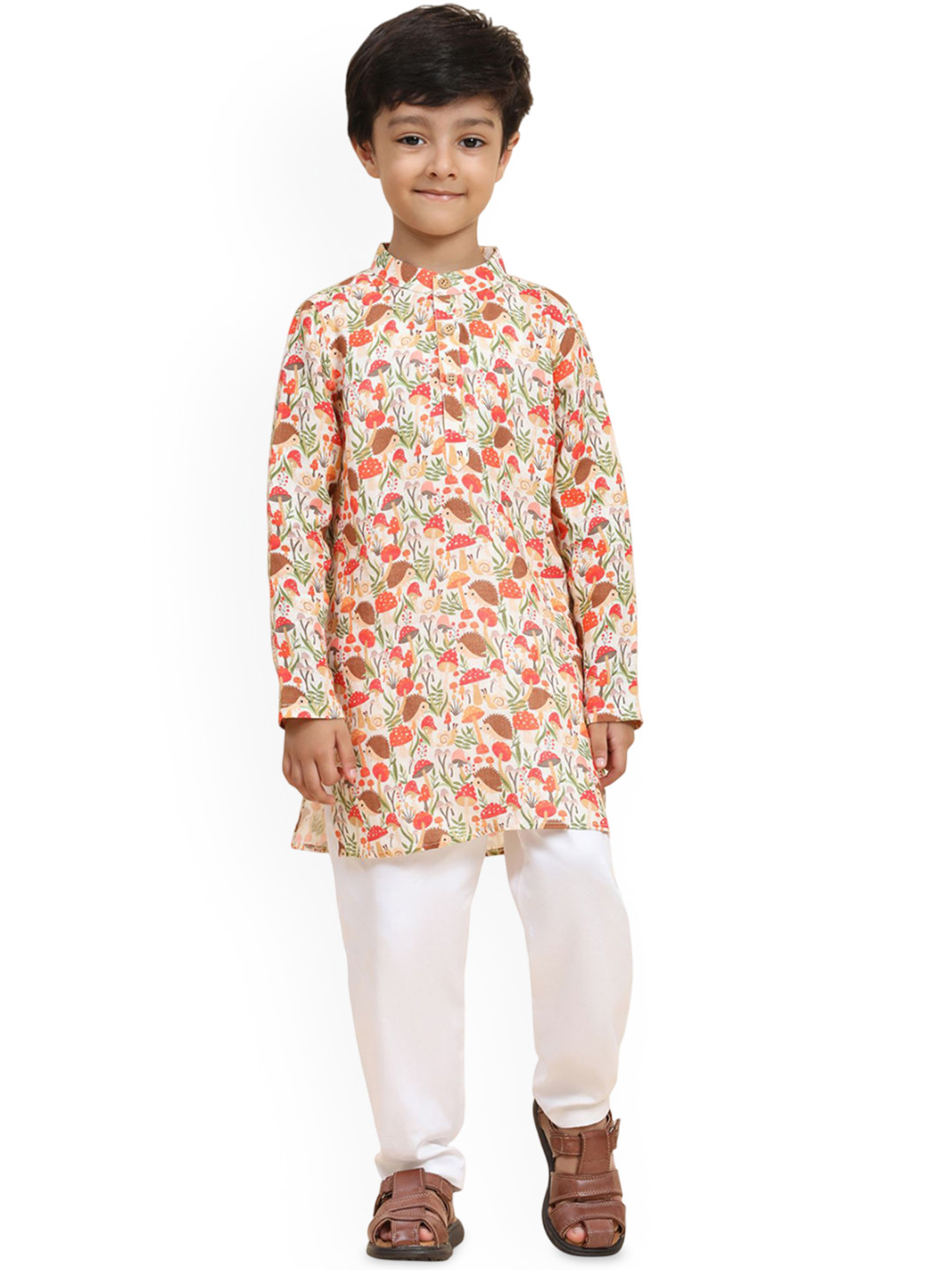 Funny Bones Clothings Boys Animals Printed Band Collar Kurta With Pyjamas