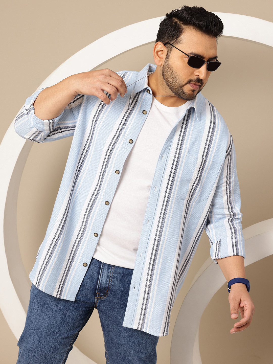 Sztori Plus Size Premium Striped Casual Pure Cotton Shacket