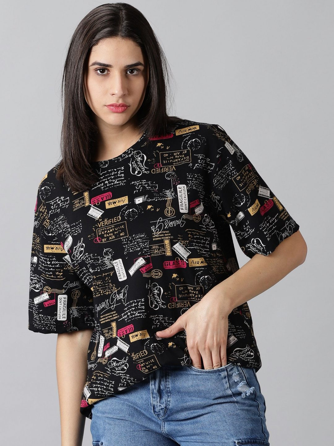 Diversify Women Conversational Printed Round Neck Cotton Oversized T-shirt