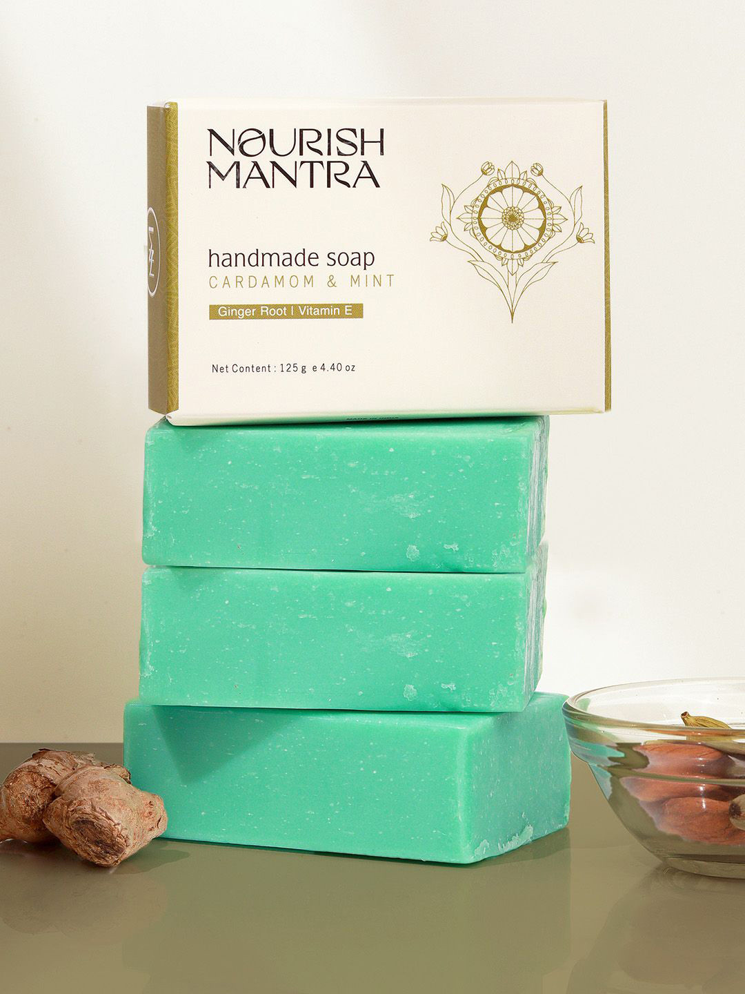 Nourish Mantra Set Of 3 Cardamom & Mint Handmade Bathing Soap - 125g Each
