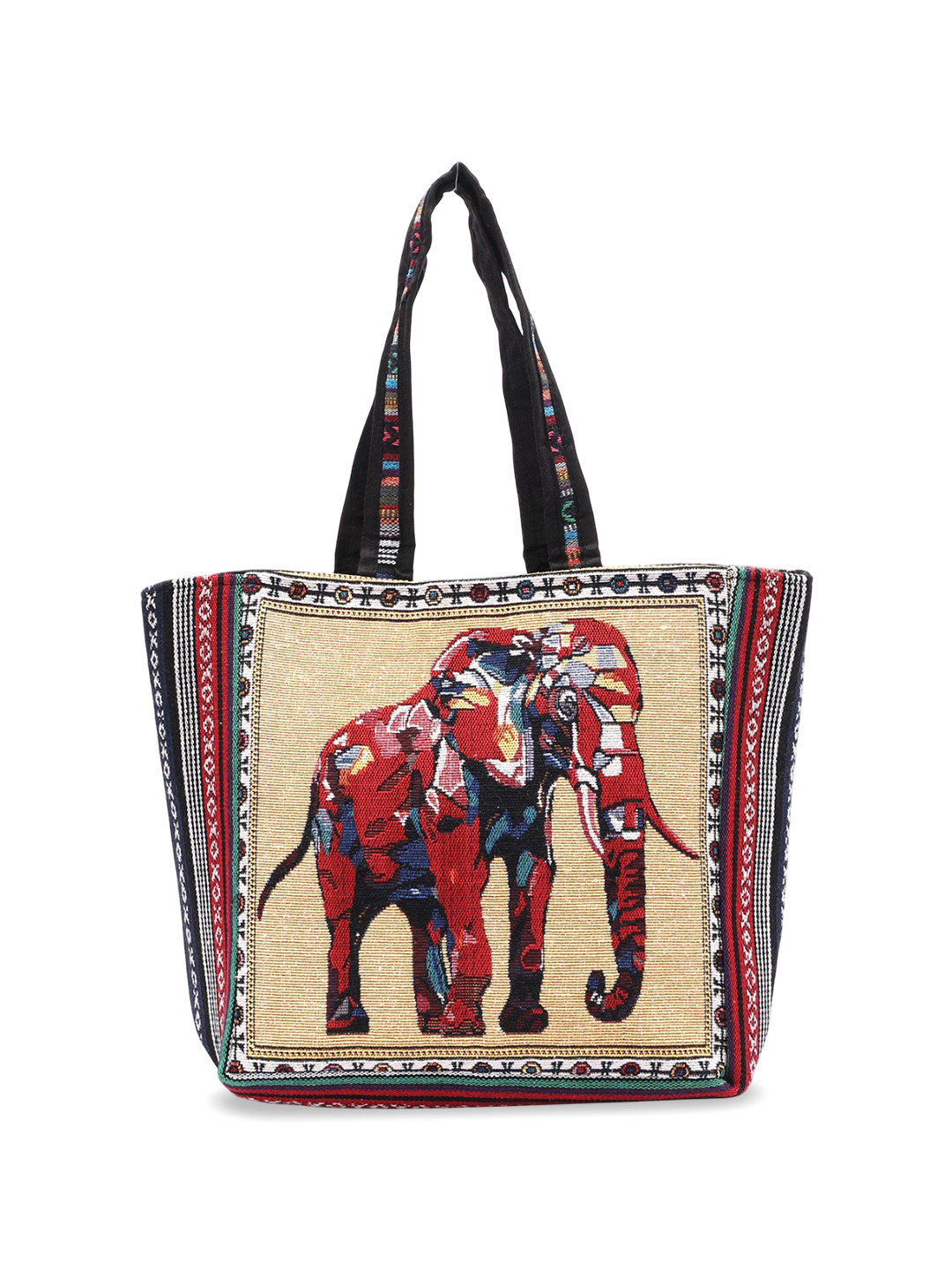Exotic India Kutch Tote Bag with Woven Elephant and Zipper Closure