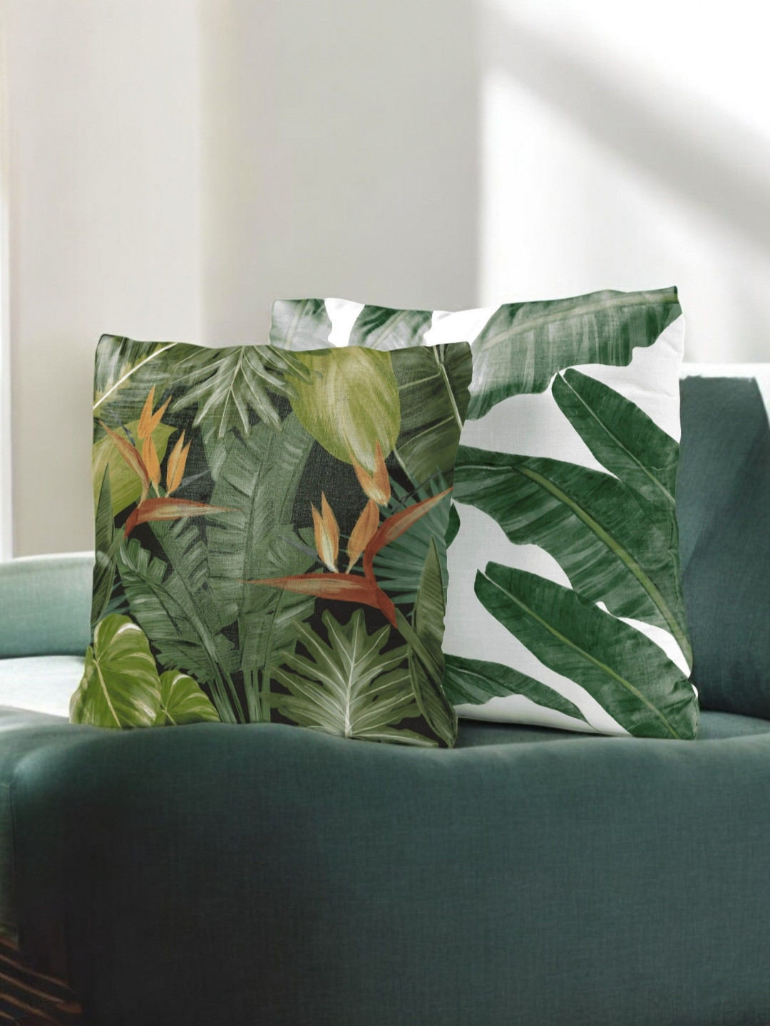 LUSHLYF Green And White 2 Pieces Pure Cotton Floral Printed Square Shaped Cushion Covers