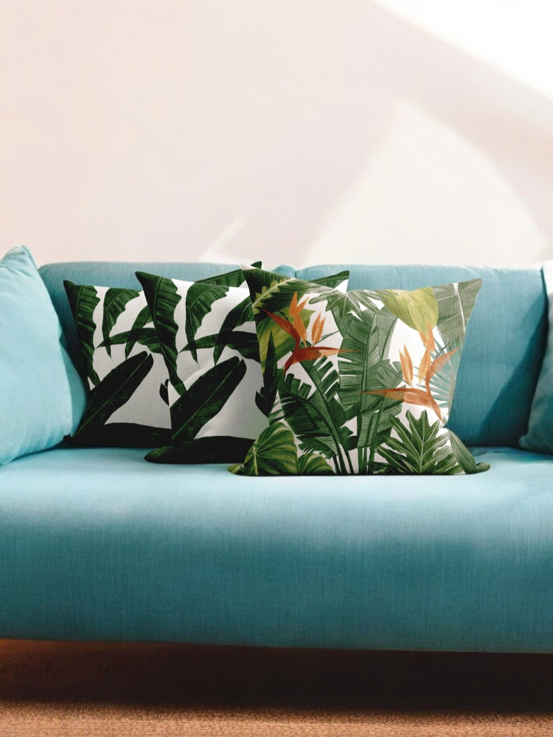 LUSHLYF Green And White 3 Pieces Pure Cotton Floral Printed Square Shaped Cushion Covers