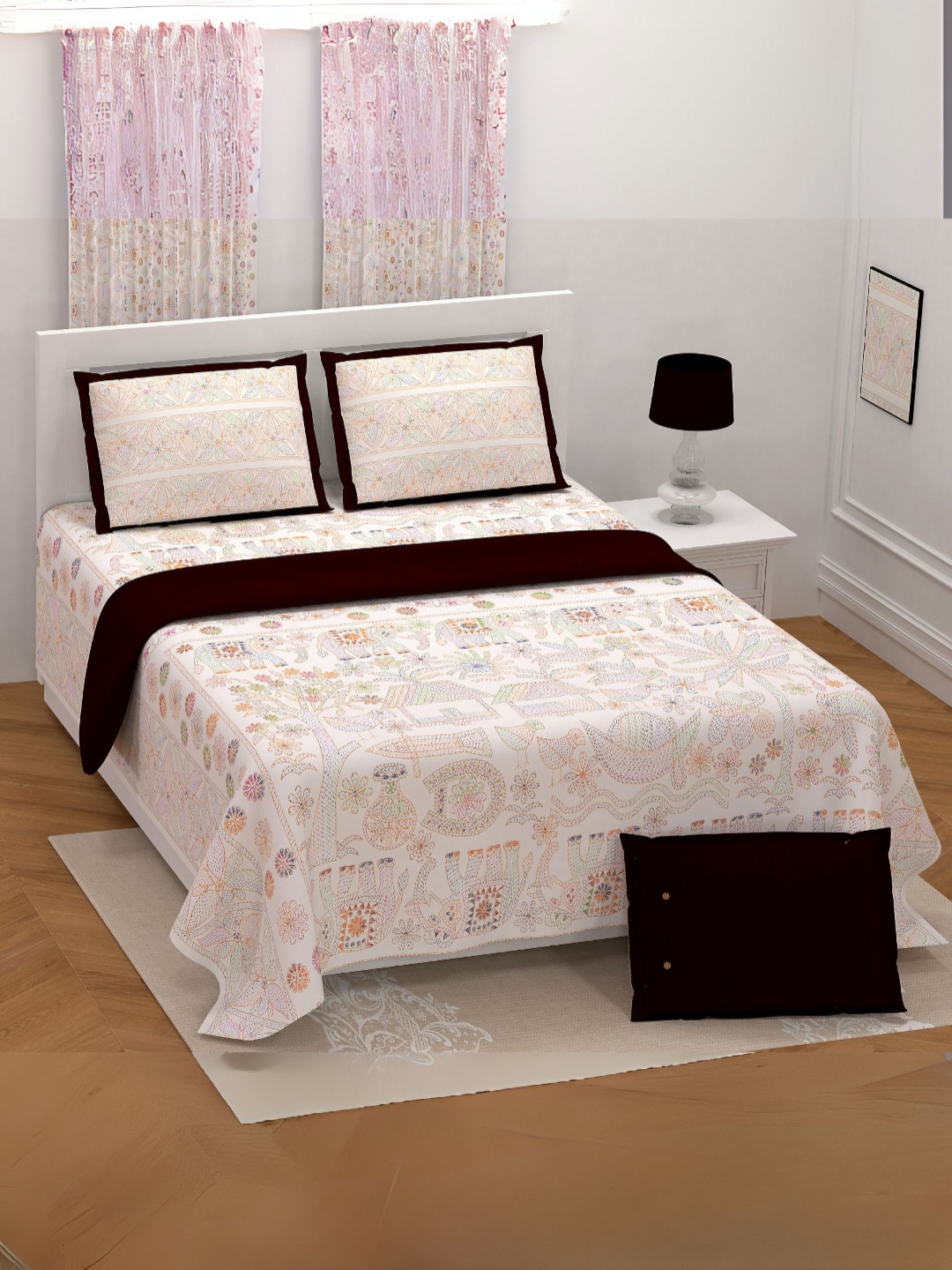 LIVING ROOTS White Conversational Cotton Breathable 300 TC King Fine Bedsheet with 2 Pillow Covers-103 x 103 inches