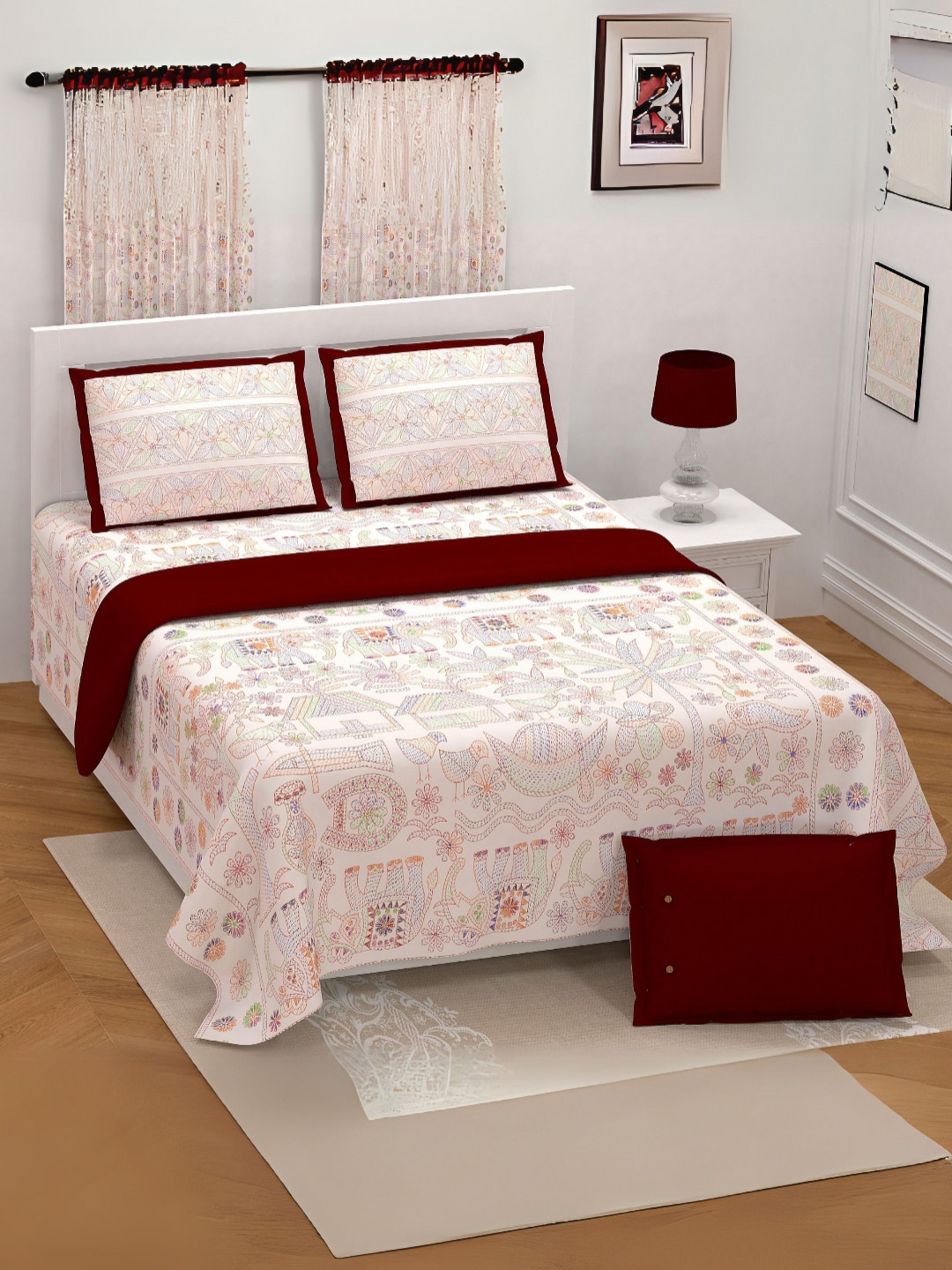 LIVING ROOTS Hand Work Pink Animal Pure Cotton Breathable 300 TC King Fine Bedsheet with 2 Pillow Covers-103 x 103 inches