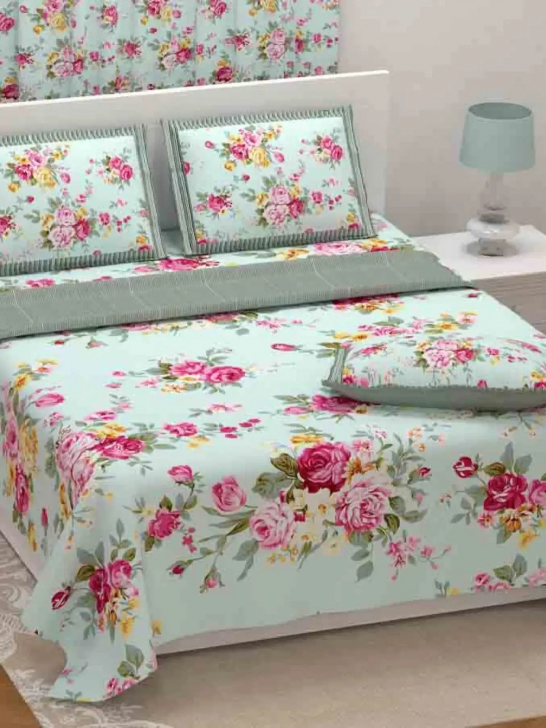 LIVING ROOTS Nandani Blue Floral Cotton Breathable 300 TC Super King Fine Bedsheet with 2 Pillow Covers-103 x 103 inches