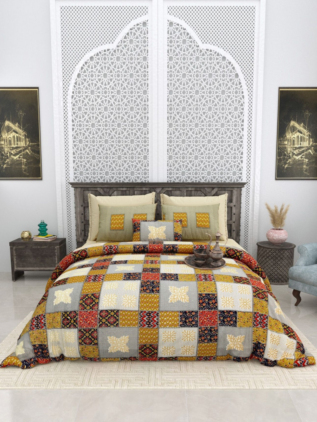 LIVING ROOTS Bagru Gold Yellow Floral Pure Cotton Breathable 300 TC Super King Fine Bedsheet with 2 Pillow Covers-103 x 103 inches