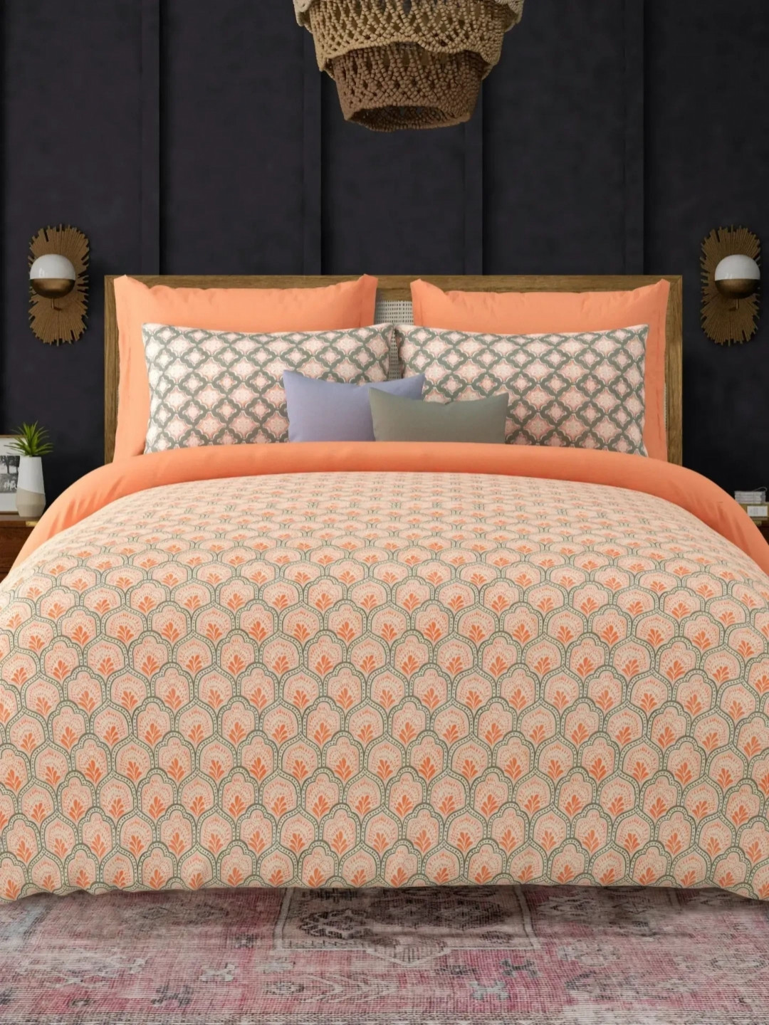 LIVING ROOTS Orange Leaf Pure Cotton Breathable 300 TC King Fine Bedsheet with 2 Pillow Covers-103 x 103 inches