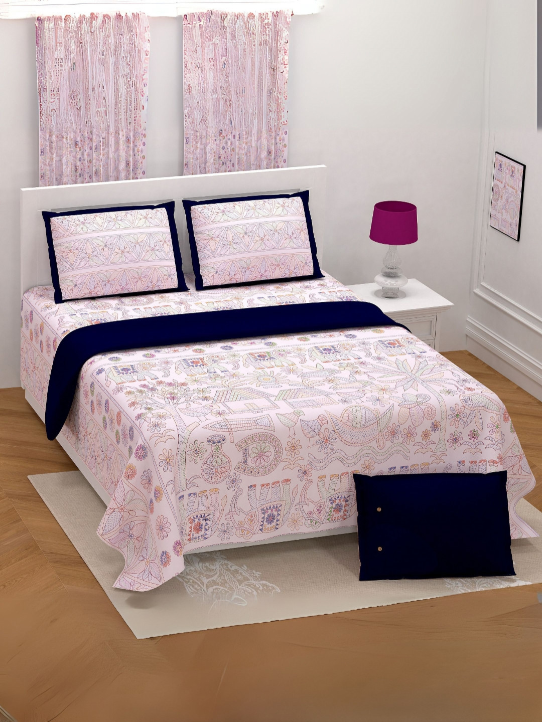 LIVING ROOTS Royal Majestic Pink Ethnic Motifs Pure Cotton Breathable 200 TC Super King Fine Bedsheet with 2 Pillow Covers-262 x 262 cm