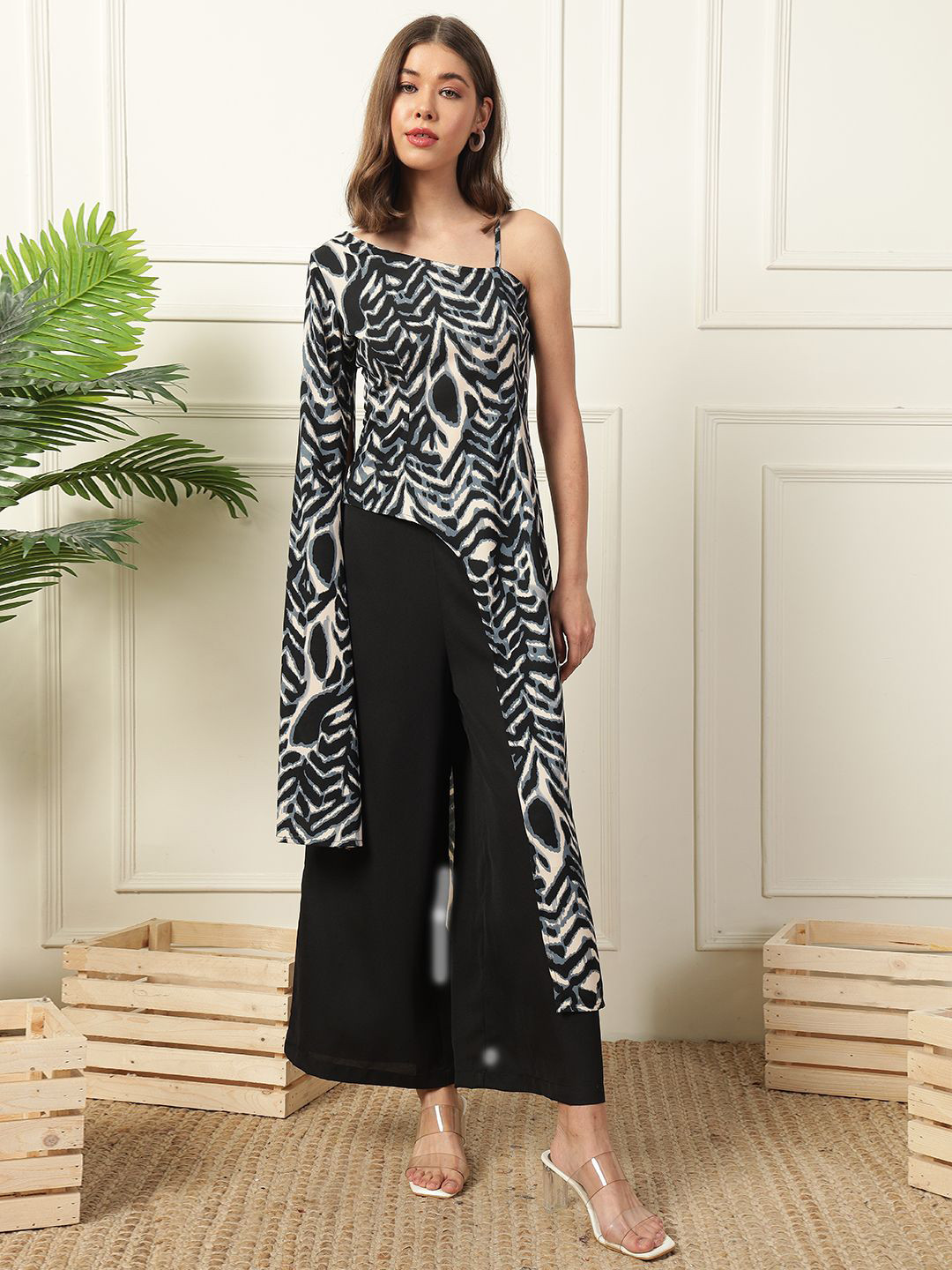 DEEBACO Animal Printed One Shoulder Neck Tunic With Palazzo