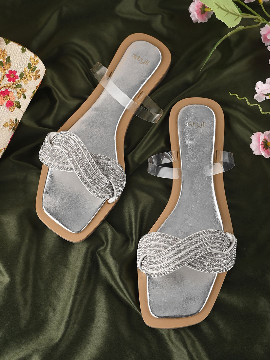 Styli Women Rhinestone Embellished Silver Flats