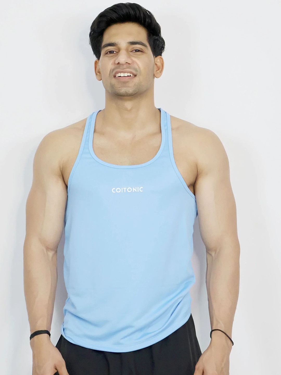 Coitonic Men Scoop Neck Basic Vest Classic Stringer Sky Blue