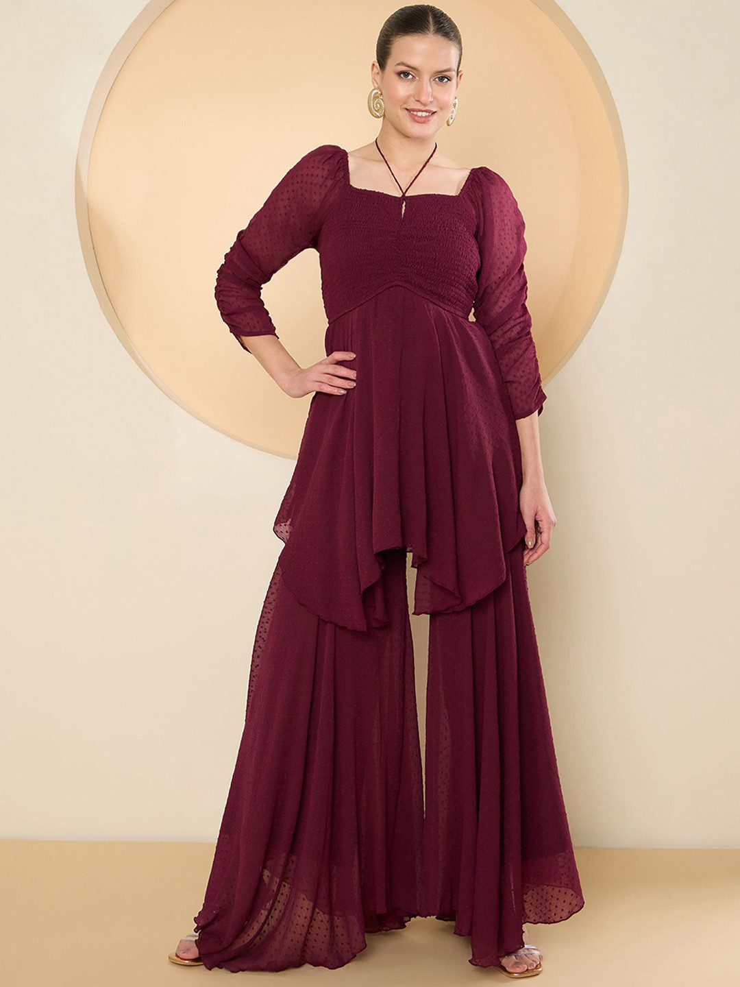 Antheaa Notch Neck Three-Quarter Sleeves Top With Palazzo