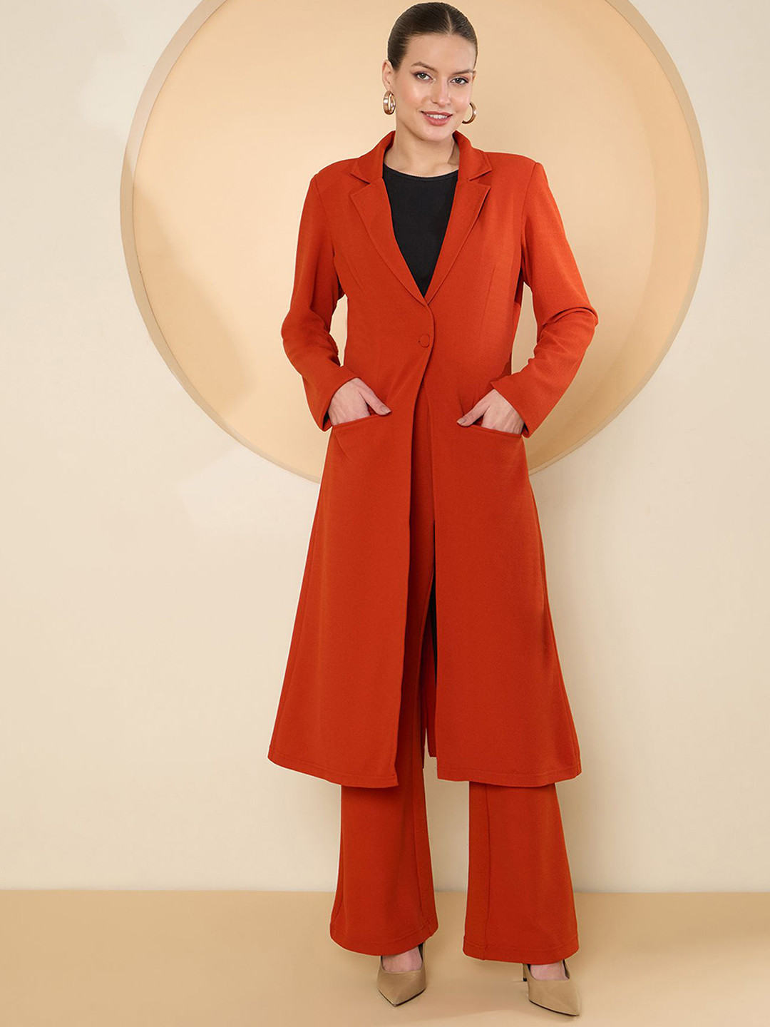 Antheaa Shirt Collar Long Sleeves Long Coat With Trouser