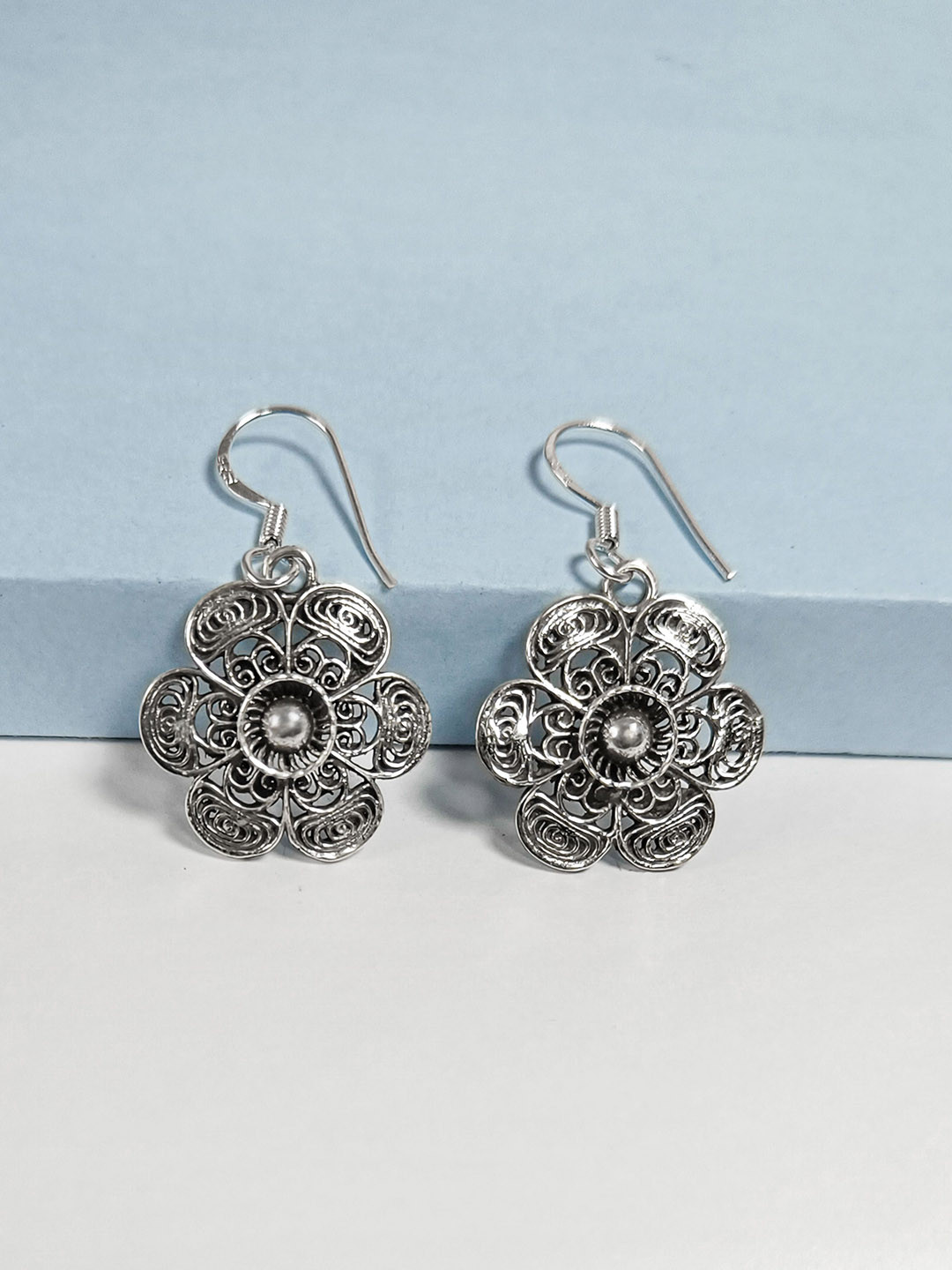 INARI SHINES 925 Sterling Silver Oxidised Flower Dangles