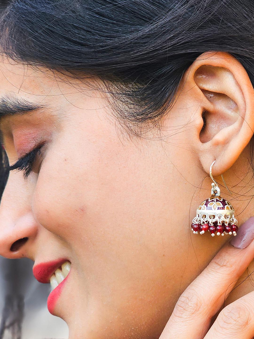 INARI SHINES Women 925 Silver Gemstone Studded Jhumki with Red Enamel Meenakari