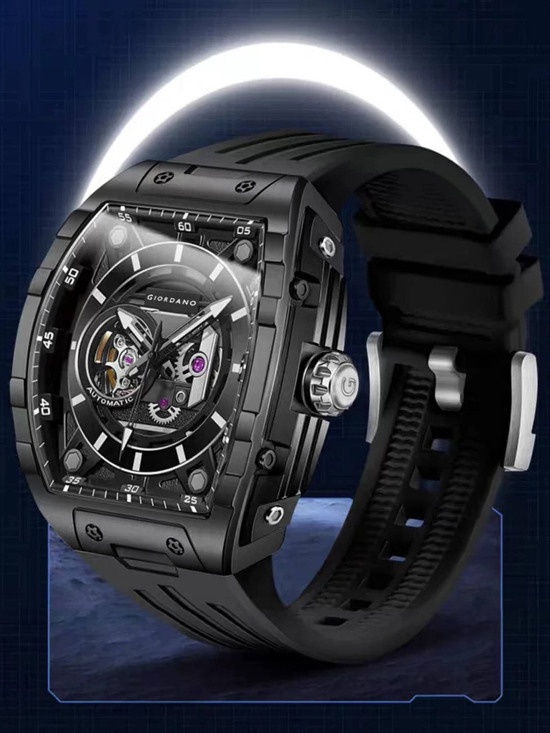 GIORDANO Automatic Mechanical Self-Winding 43mm Silicone Strap 30M Water-Resistant Watch