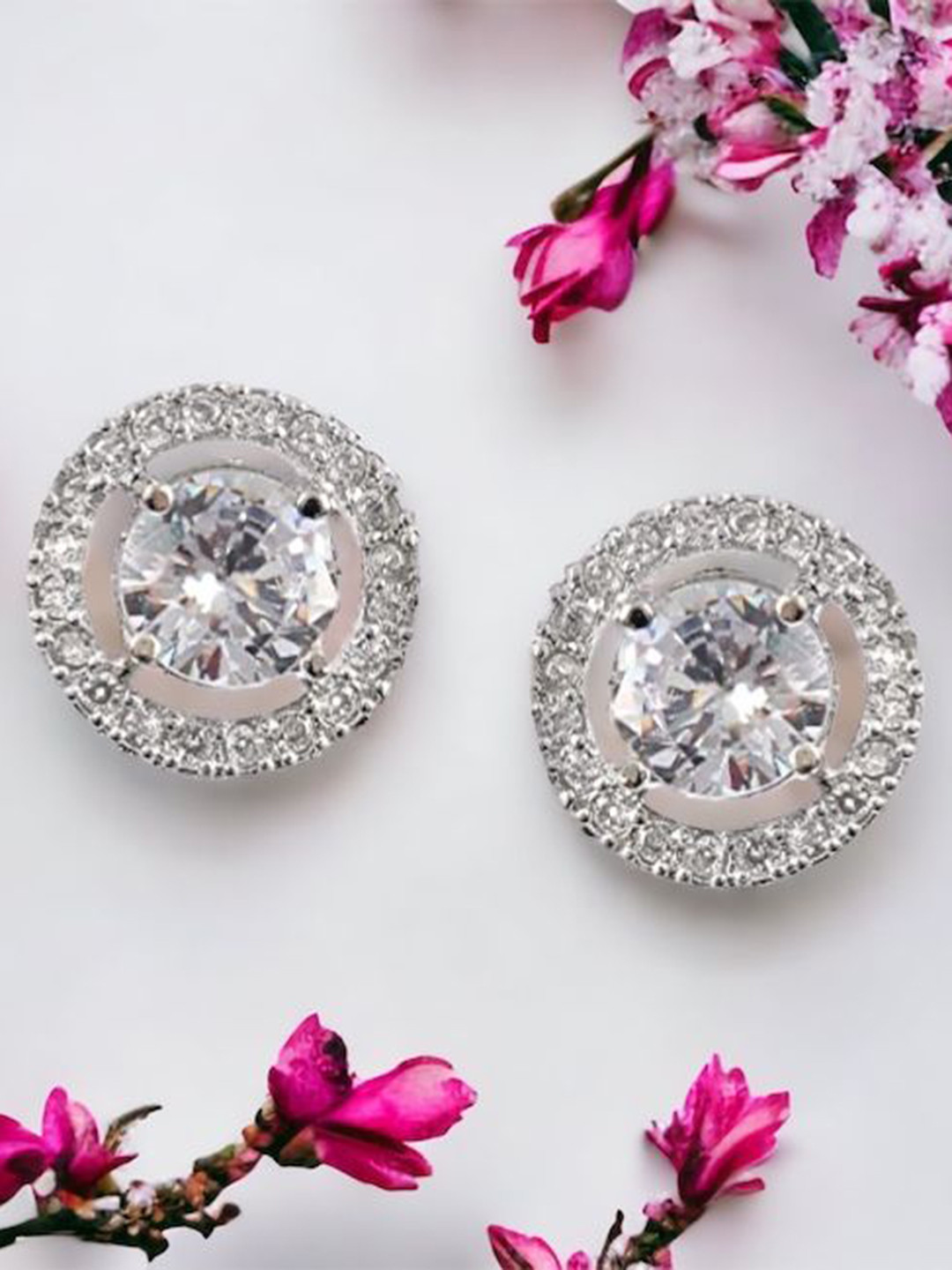 AKLINA Silver-Plated Cubic Zirconia Stones Studded Round Shaped Studs
