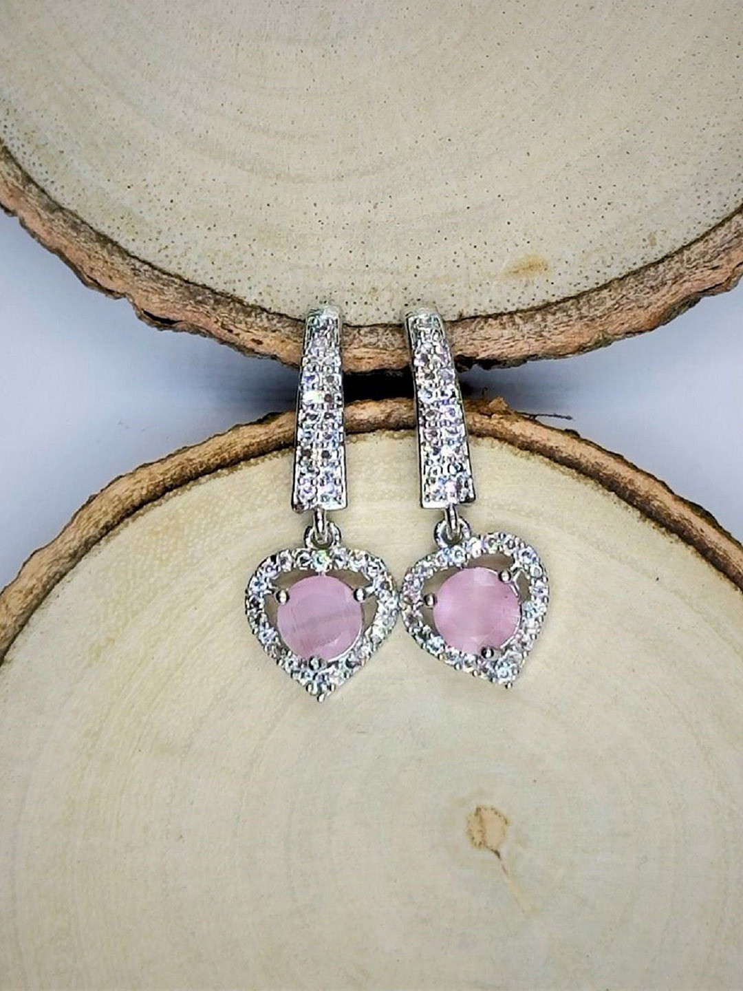 AKLINA Silver-Plated Cubic Zirconia Stones Studded Heart Shaped Drop Earrings
