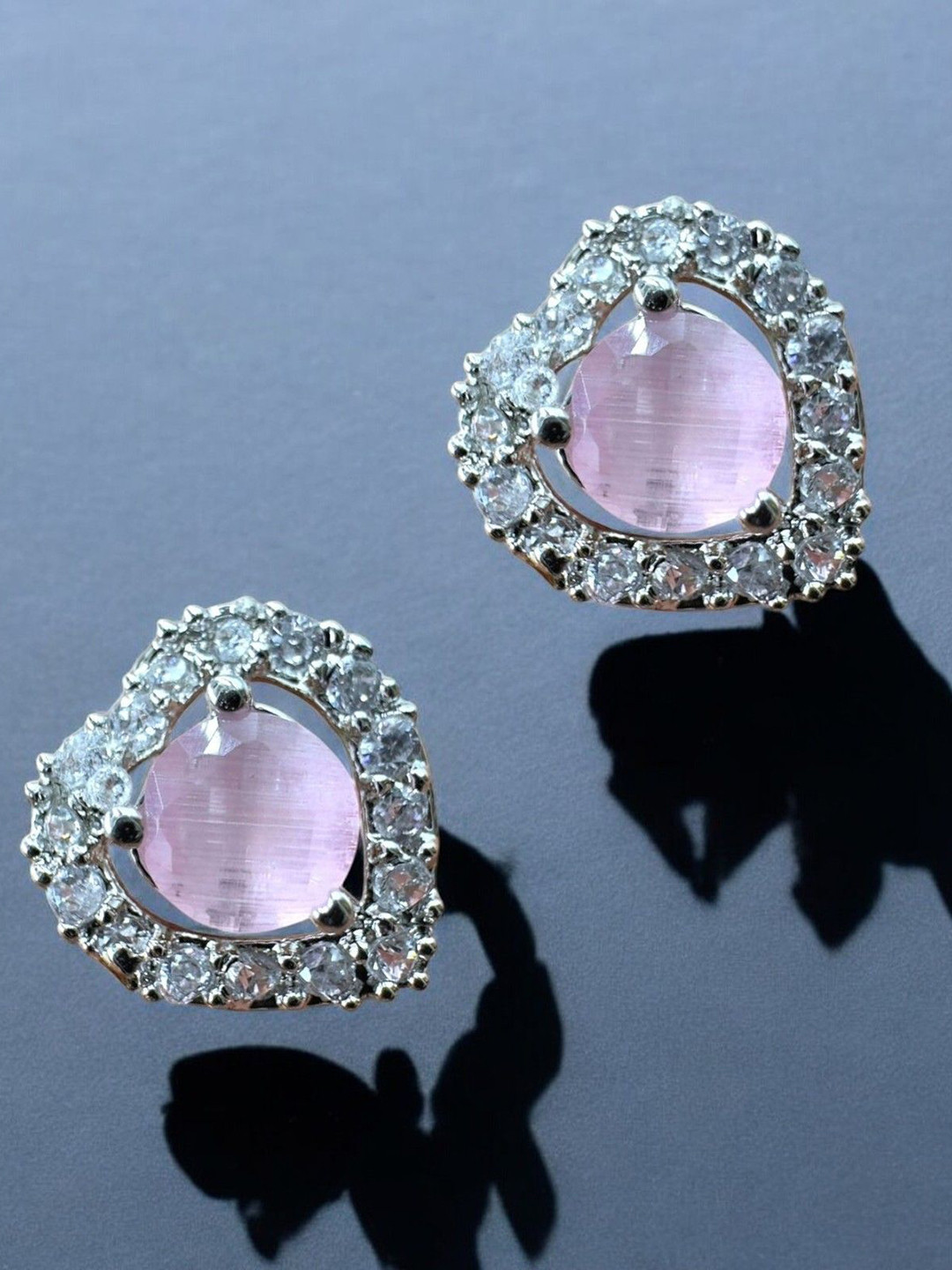 AKLINA Silver-Plated Cubic Zirconia Stones Studded Heart Shaped Studs