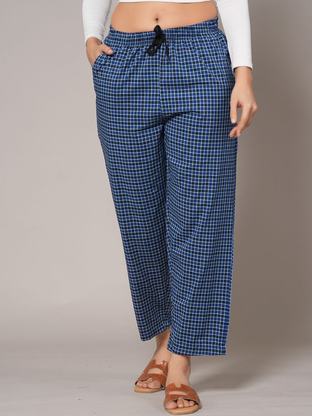Style Shoes Women Checked Regular Fit Mid-Rise Cotton Trousers
