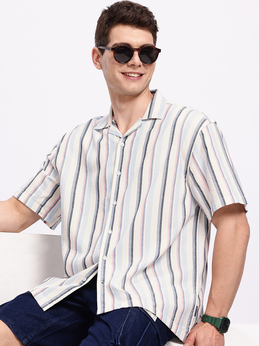 Aeropostale Striped Drop-Shoulder Sleeves Relaxed Fit Pure Cotton Casual Shirt