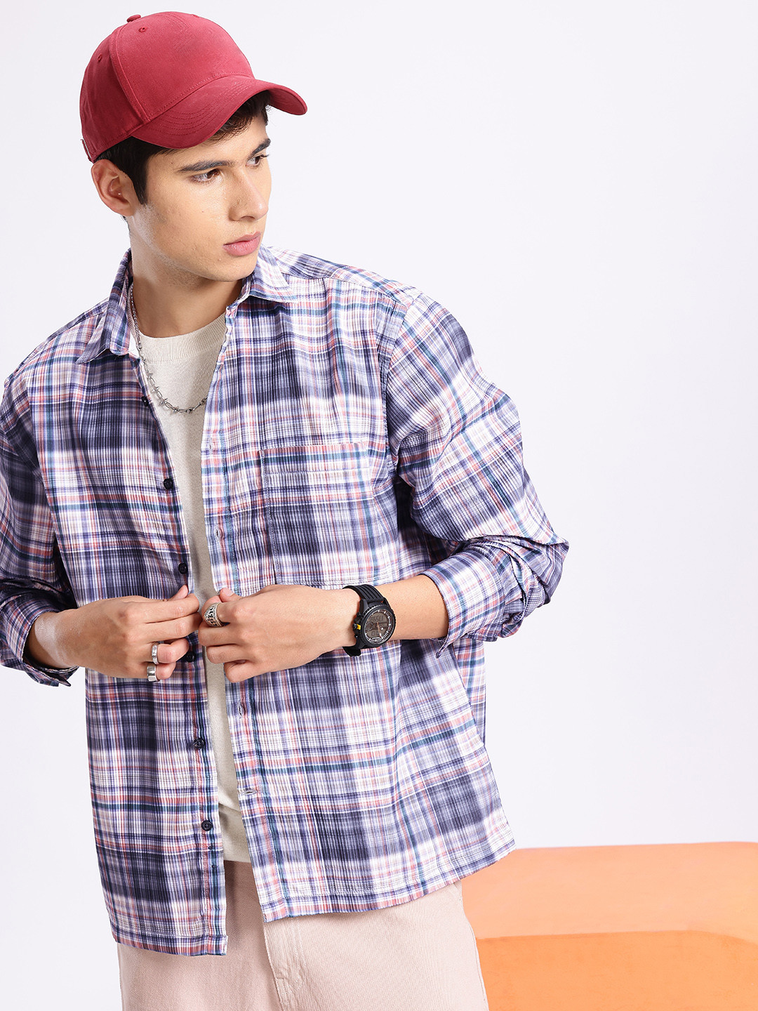 Aeropostale Relaxed Fit Checked Drop-Shoulder Sleeves Casual Shirt