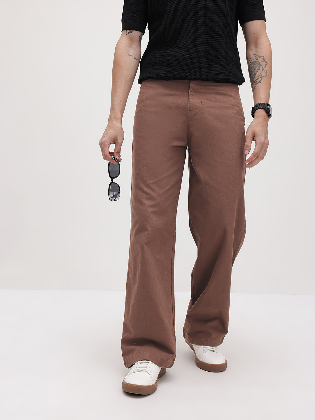 The Roadster Life Co. Men Loose Fit Pure Cotton Chinos Trousers with Adjustable Side Belt