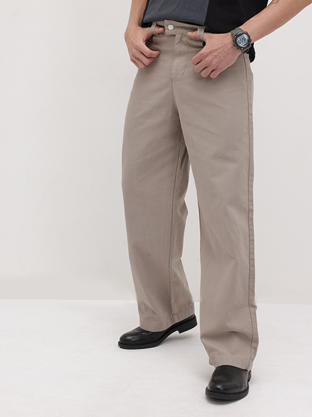 The Roadster Life Co. Men Pure Cotton Wide Leg Chinos with Adjustable Wide Legs Belt