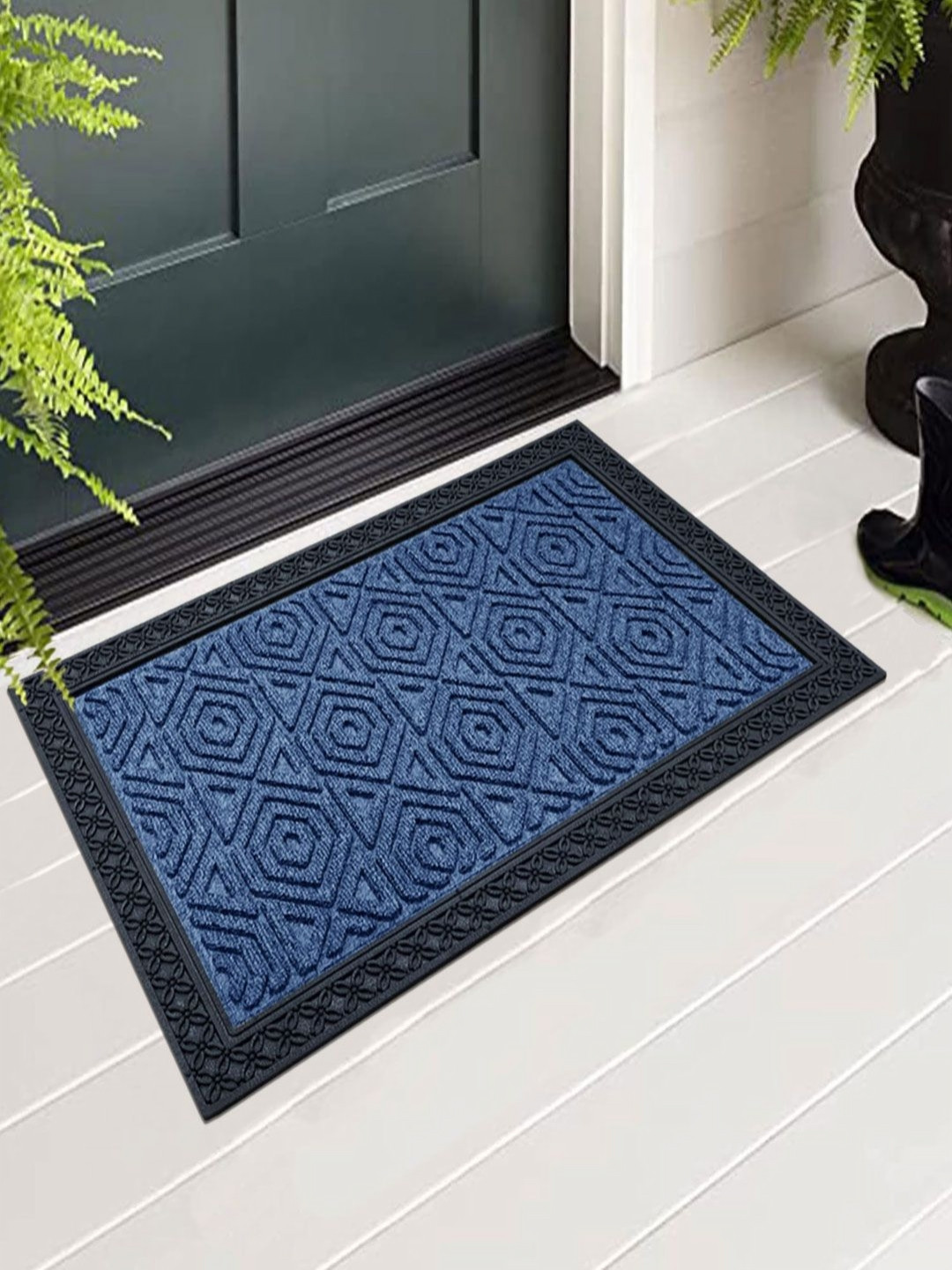 LUXEHOME INTERNATIONAL Blue & Black Hexagonal Patterned Rectangular Anti-Skid Doormat
