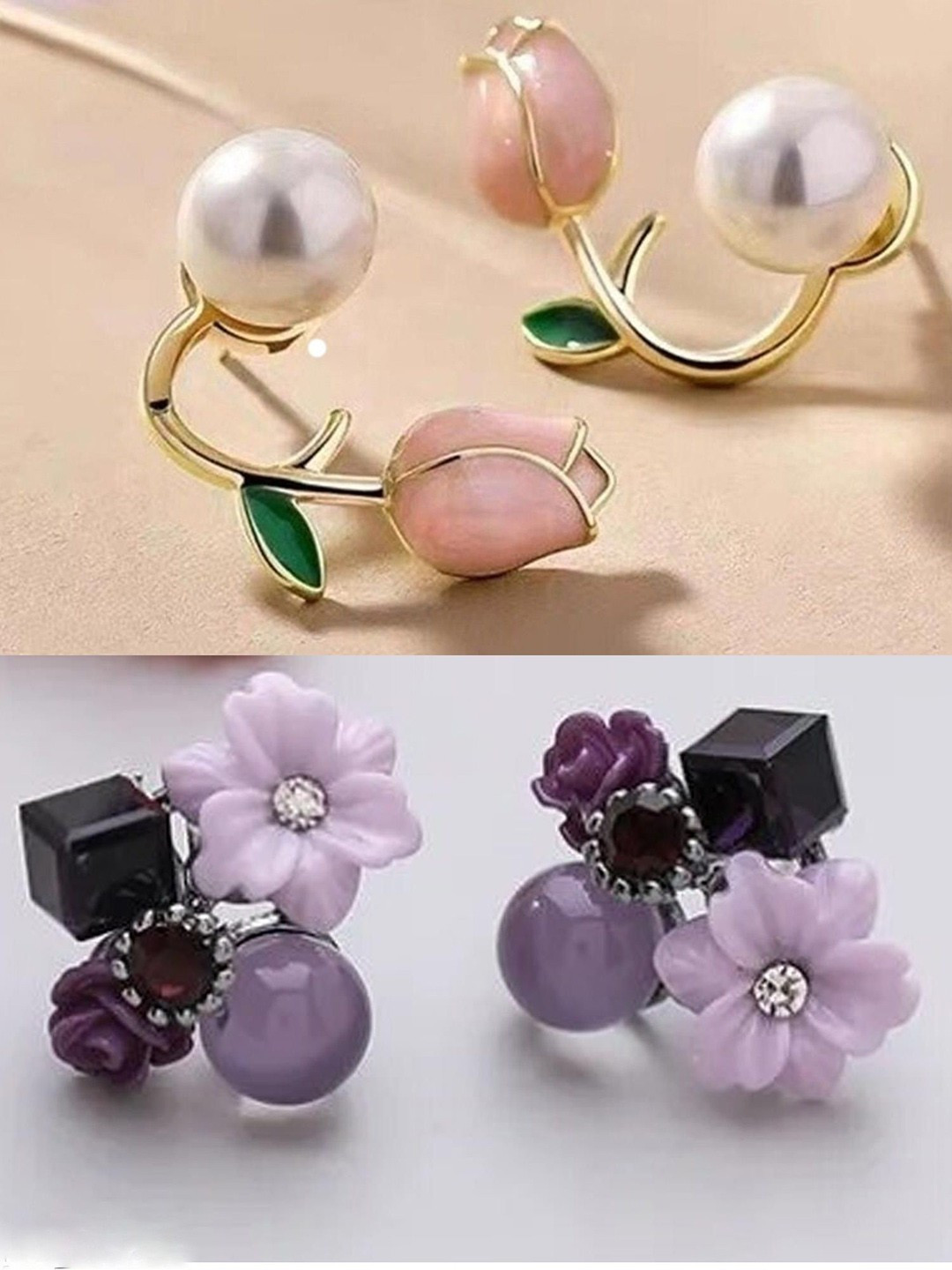 kazare Set Of 2 Stone Studded & Beaded Floral Studs Earrings