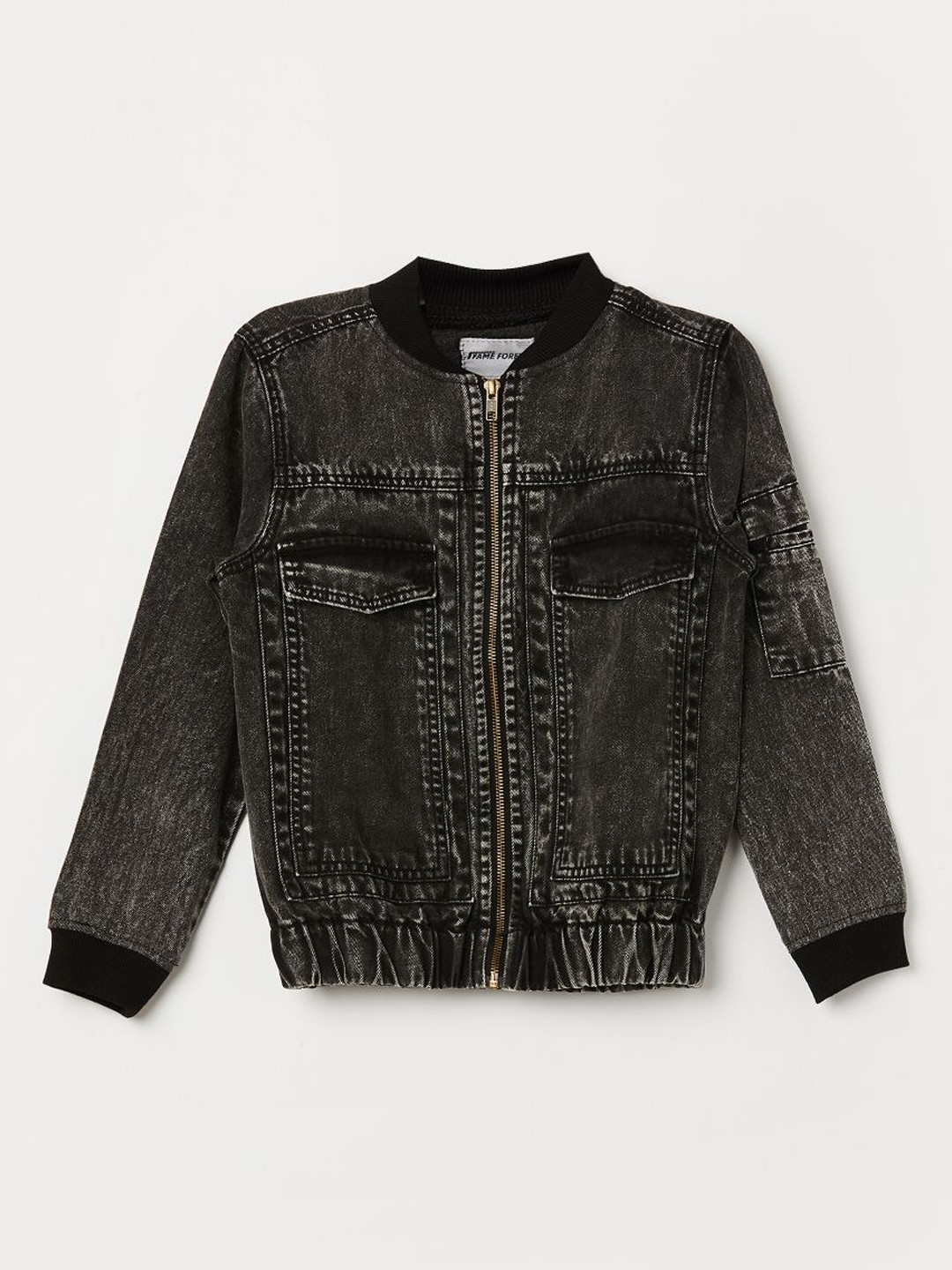 Fame Forever by Lifestyle Boys Stand Collar Washed Solid Cotton Casual Denim Jacket